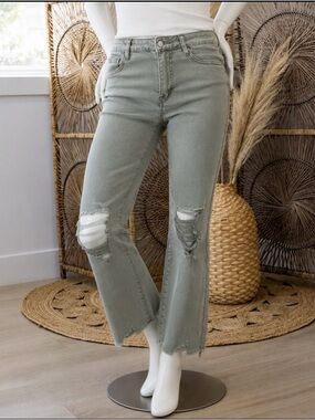Zenana Outfitters Olive Green Distressed Flare Jeans